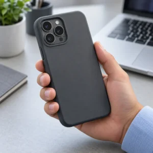 Charcoal phone case held beside a laptop on an office desk