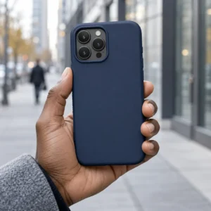 Navy phone case held during a city commute