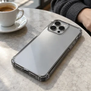 Clear phone case resting beside coffee on a cafe table