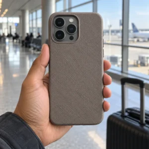 Textured taupe phone case held in an airport terminal