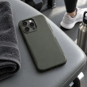 Olive phone case resting on a gym bench beside a workout towel