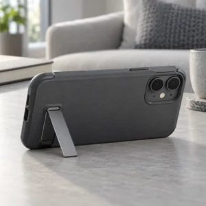 Charcoal phone case with an open kickstand on a home desk