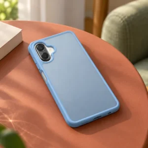 DUXDUCIS Phone Case for Samsung A07 4G / A06 4G / A06 5G - Light Blue Samsung A07 / A06 case on a terracotta reading table beside a cream book and water glass