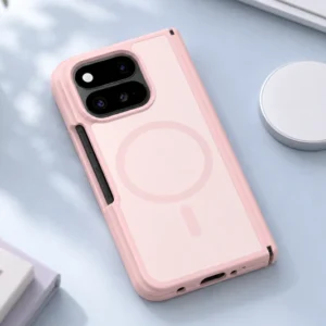 DUXDUCIS Phone Case for Google Pixel 11 Pro Fold with Magnetic - Light Pink case on a powder-blue workdesk beside a magnetic charging puck