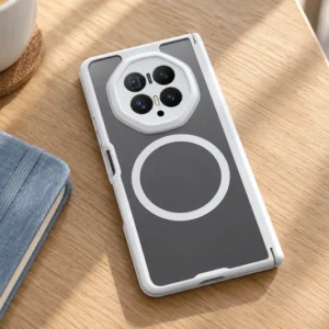 DUXDUCIS Phone Case for Honor Magic V6 - White EXPN Series Honor Magic V6 case on a light oak cafe table beside a blue linen notebook and white coffee cup