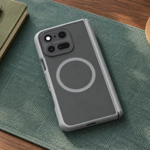 DUXDUCIS Phone Case for Google Pixel 11 Pro Fold - Gray EXPN Series Google Pixel 11 Pro Fold case on a teal woven desk mat over a walnut desk beside an olive notebook, black pen and iced coffee