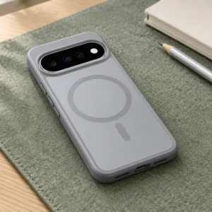 DUXDUCIS Phone Case for Google Pixel 11/11 Pro/10/10 Pro/9/9 Pro with Magnetic - Grey case on a sage-green felt desk mat beside a cream notebook and silver pencil