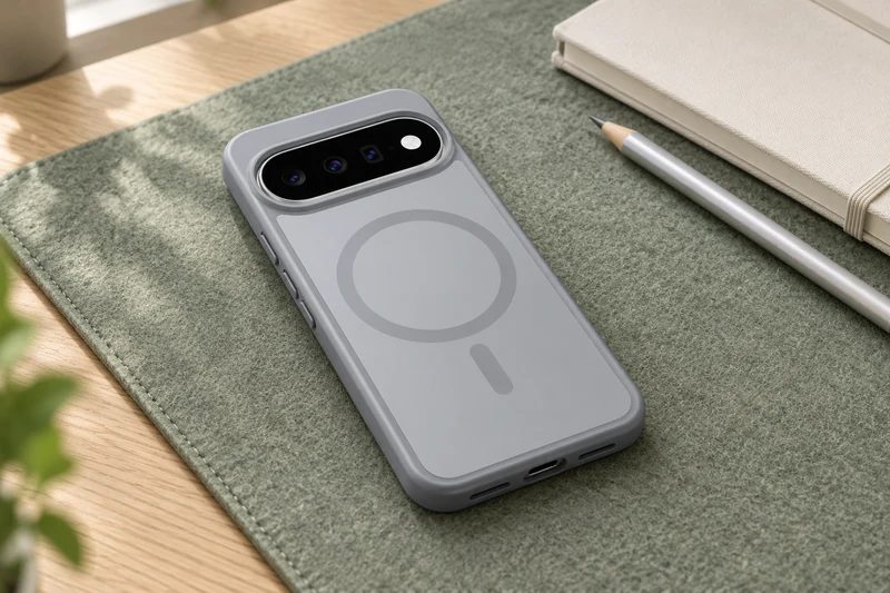 DUXDUCIS Phone Case for Google Pixel 11/11 Pro/10/10 Pro/9/9 Pro with Magnetic - Grey case on a sage-green felt desk mat beside a cream notebook and silver pencil