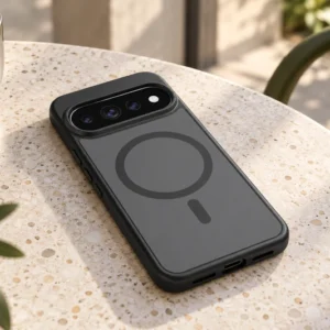DUXDUCIS Phone Case for Google Pixel 11 Pro XL-10 Pro XL-9 Pro XL with Magnetic - Black case on a sunlit terrazzo cafe table beside a steel coffee cup