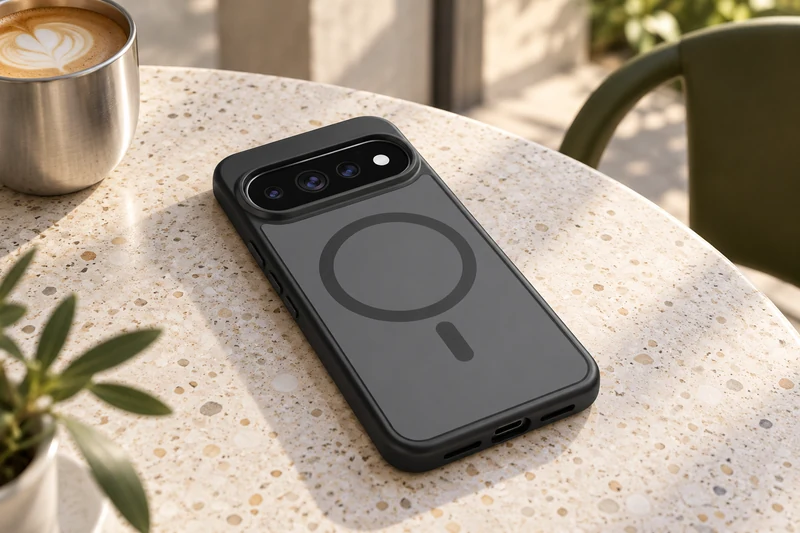 DUXDUCIS Phone Case for Google Pixel 11 Pro XL-10 Pro XL-9 Pro XL with Magnetic - Black case on a sunlit terrazzo cafe table beside a steel coffee cup