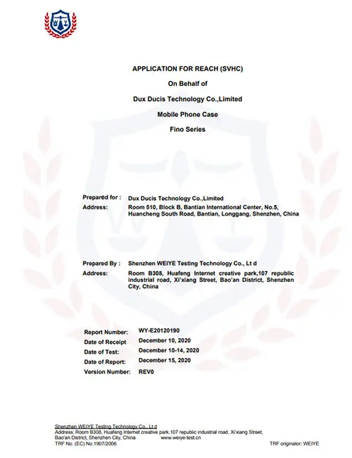 Documento del certificado REACH mostrado para la verificación del producto