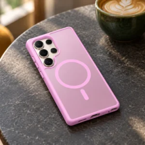 DUXDUCIS Phone Case for S25 Ultra - Rose Pink Samsung S25 Ultra case on a charcoal stone cafe table beside a dark green coffee cup