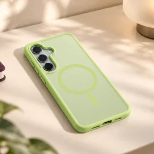 DUXDUCIS Phone Case for Samsung S25 Plus - Lime Green Samsung S25 Plus case on a warm ivory writing desk beside a deep-plum linen notebook and frosted-glass lamp
