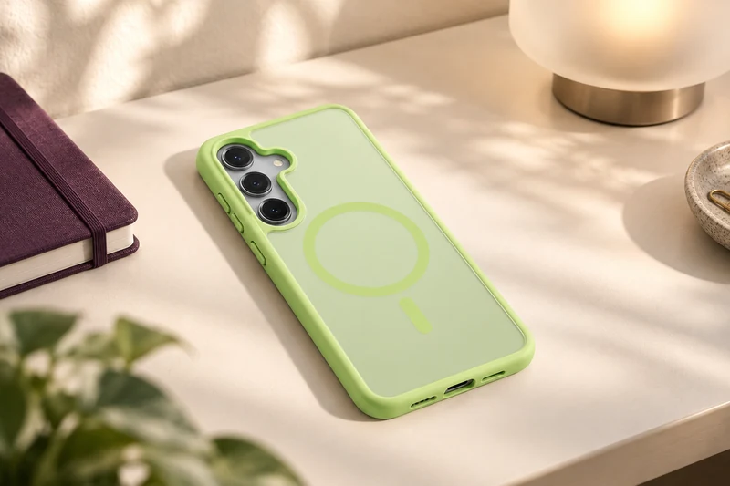 DUXDUCIS Phone Case for Samsung S25 Plus - Lime Green Samsung S25 Plus case on a warm ivory writing desk beside a deep-plum linen notebook and frosted-glass lamp