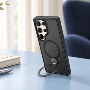 DUXDUCIS Phone Case for Samsung S25Ultra With Stand - Black Samsung S25 Ultra case standing upright on its metal ring stand on a powder blue writing desk