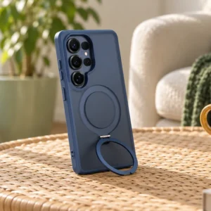 DUXDUCIS Phone Case for Samsung S26 Ultra with Stand - Dark Blue Samsung S26 Ultra case supported in portrait orientation on a natural rattan side table beside an ochre coffee cup, cream armchair and forest-green throw