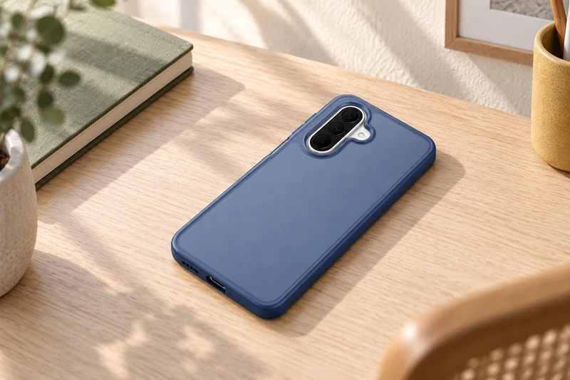 DUXDUCIS Phone Case for Samsung A27 - Dark Blue Samsung A27 case on a pale ash-wood writing table beside an olive-green notebook and mustard-yellow pencil cup