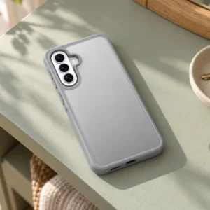 DUXDUCIS Phone Case for Samsung A37/A36/A56 without Magnetic - Grey non-magnetic Samsung A37/A36/A56 case on a pale sage entryway shelf beside a ceramic key tray