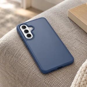 DUXDUCIS Phone Case for Samsung A57 without Magnetic - Dark Blue non-magnetic Samsung A57 case on a woven sofa arm beside a tan book