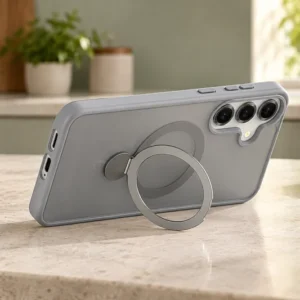 DUXDUCIS Phone Case for Samsung-S25-Plus With Stand - Grey Samsung S25 Plus case supported in landscape orientation on a cream limestone kitchen counter beside a terracotta bowl and linen notebook