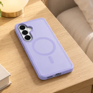 DUXDUCIS Phone Case for Samsung S26 Plus - Light Purple Samsung S26 Plus case on an oak bedside table beside a frosted lamp
