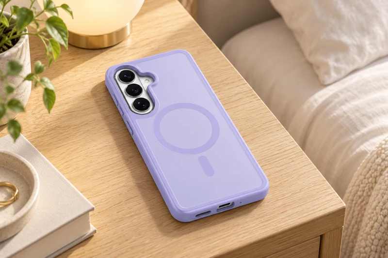 DUXDUCIS Phone Case for Samsung S26 Plus - Light Purple Samsung S26 Plus case on an oak bedside table beside a frosted lamp