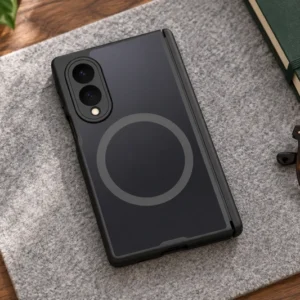 DUXDUCIS Phone Case for Samsung Z Fold 8 - Black EXPN Series Samsung Z Fold 8 case on a light gray felt desk mat beside a green notebook and eyeglasses