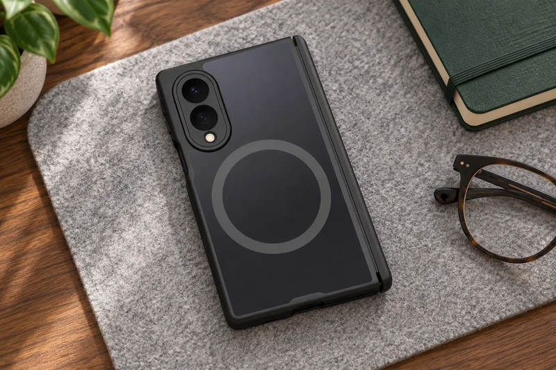 Funda DUXDUCIS para Samsung Z Fold 8 - Funda negra de la serie EXPN para Samsung Z Fold 8 sobre una alfombrilla de fieltro gris claro junto a un cuaderno verde y unas gafas