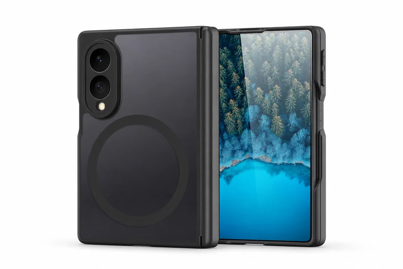 DUXDUCIS Phone Case for Samsung Z Fold 8 - Black EXPN Series Samsung Z Fold 8 case unfolded showing its rear magnetic circle, hinge protector and forest lake cover screen
