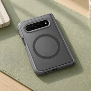 DUXDUCIS Phone Case for Xiaomi 18 Fold - Gray EXPN Series Xiaomi 18 Fold case on a sage fabric desk mat beside a cream notebook and a clear glass of water