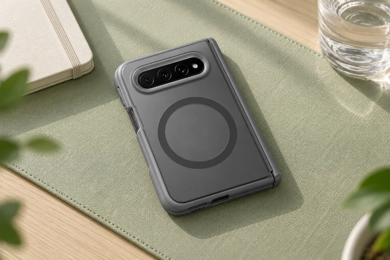 DUXDUCIS Phone Case for Xiaomi 18 Fold - Gray EXPN Series Xiaomi 18 Fold case on a sage fabric desk mat beside a cream notebook and a clear glass of water