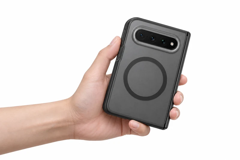 DUXDUCIS Phone Case for Xiaomi 18 Fold - Black EXPN Series Xiaomi 18 Fold case held in one hand showing the circular magnetic ring and hinge protector