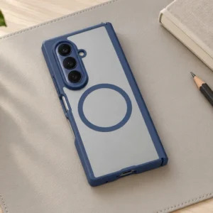 DUXDUCIS Phone Case for Samsung Z Fold 7 - Blue EXPN Series Samsung Z Fold7 case on a warm gray desk mat beside a beige linen notebook and graphite pencil