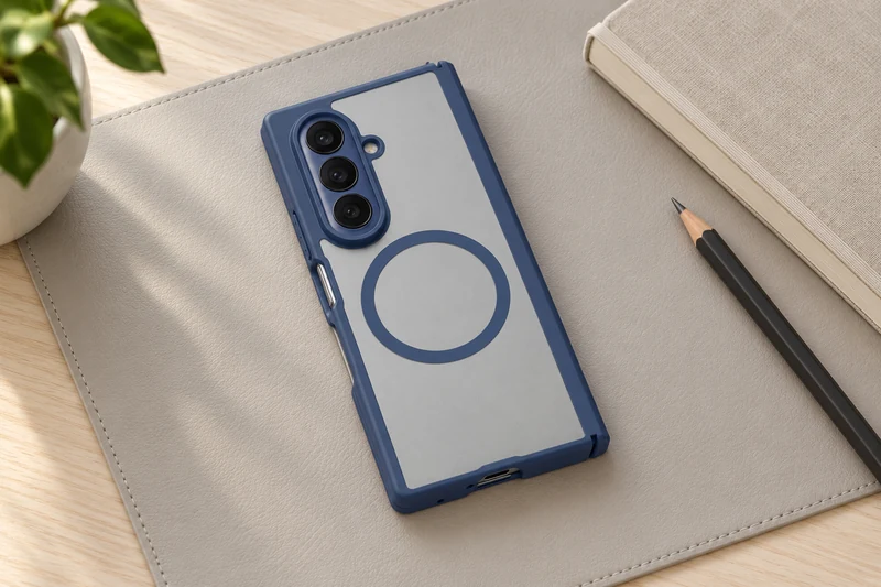 Funda DUXDUCIS para Samsung Z Fold 7 - Funda azul de la serie EXPN para Samsung Z Fold7 sobre una alfombrilla de escritorio gris cálido junto a un cuaderno de lino beige y un lápiz de grafito