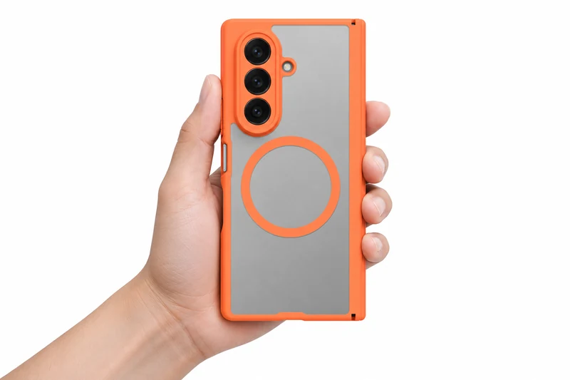 DUXDUCIS Phone Case for Samsung Z Fold 7 - Orange EXPN Series Samsung Z Fold7 case held in one hand showing the circular magnetic ring and hinge protector