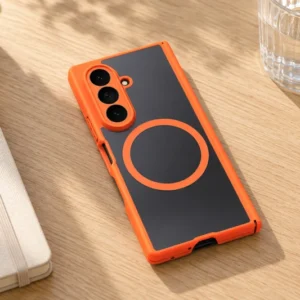 DUXDUCIS Phone Case for Samsung Z Fold 8Ultra - Orange EXPN Series Samsung Z Fold 8Ultra case on a pale oak table beside a cream notebook and glass of water