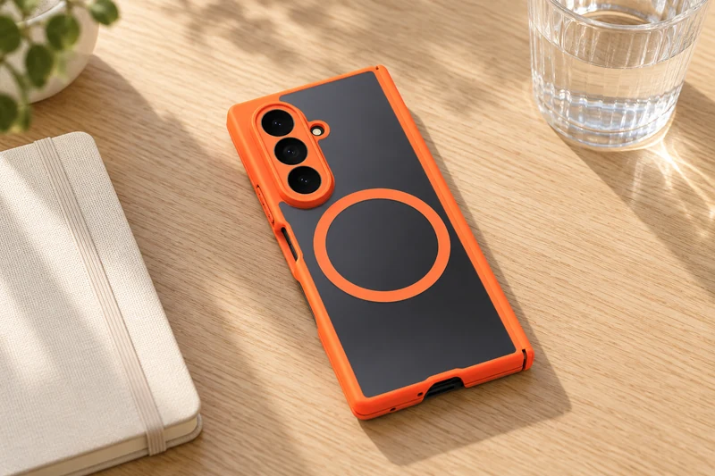 Funda DUXDUCIS para Samsung Z Fold 8Ultra - Funda naranja de la serie EXPN para Samsung Z Fold 8Ultra sobre una mesa de roble claro junto a un cuaderno color crema y un vaso de agua