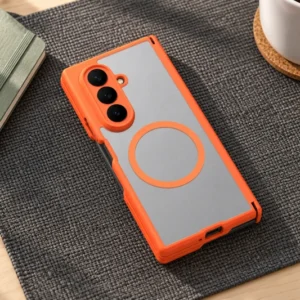 DUXDUCIS Phone Case for Samsung Z-TriFold - Orange EXPN Series Samsung Z TriFold case on a charcoal desk mat beside a sage notebook and white cup