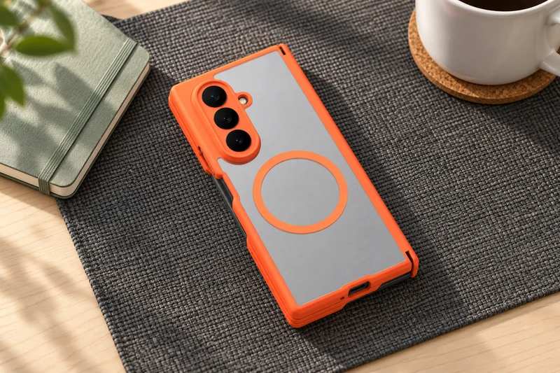 Funda DUXDUCIS para Samsung Z-TriFold - Funda naranja de la serie EXPN para Samsung Z TriFold sobre una alfombrilla de escritorio gris carbón junto a un cuaderno verde salvia y una taza blanca