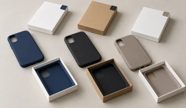 Navy, black and taupe phone cases arranged beside plain retail boxes with matching color tabs.
