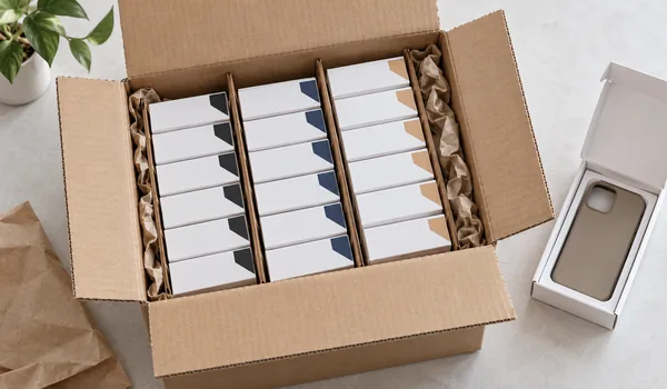 Phone-case retail boxes separated by cardboard dividers and paper cushioning inside an open shipping carton.