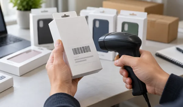 Hands checking an illustrative barcode label on a plain phone-case retail box with a handheld scanner.