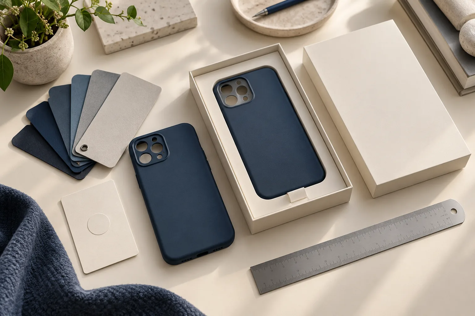 Illustrative phone case, packaging box, material swatches and ruler for private label planning