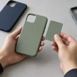 Hands comparing a sage phone case with a physical color swatch beside navy and gray sample cases.