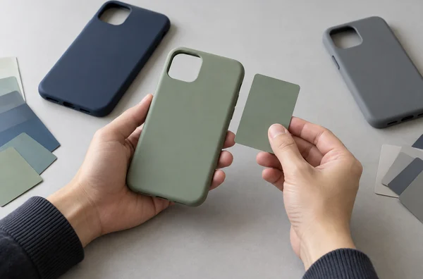 Hands comparing a sage phone case with a physical color swatch beside navy and gray sample cases.