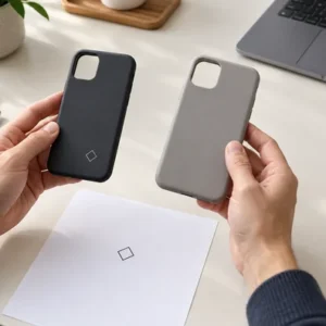 Hands comparing dark and gray phone cases beside a paper artwork sheet with a geometric logo.