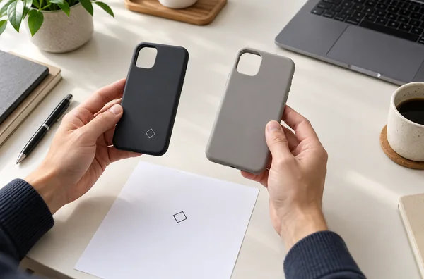 Hands comparing dark and gray phone cases beside a paper artwork sheet with a geometric logo.