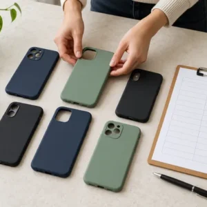 Hands arranging black, navy and sage phone cases beside a blank order-planning worksheet.