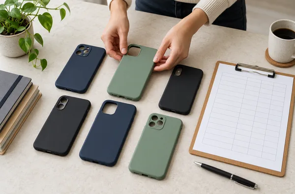 Hands arranging black, navy and sage phone cases beside a blank order-planning worksheet.