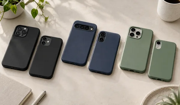 Six phones in black, navy and sage cases arranged by color and model shape on a neutral table.